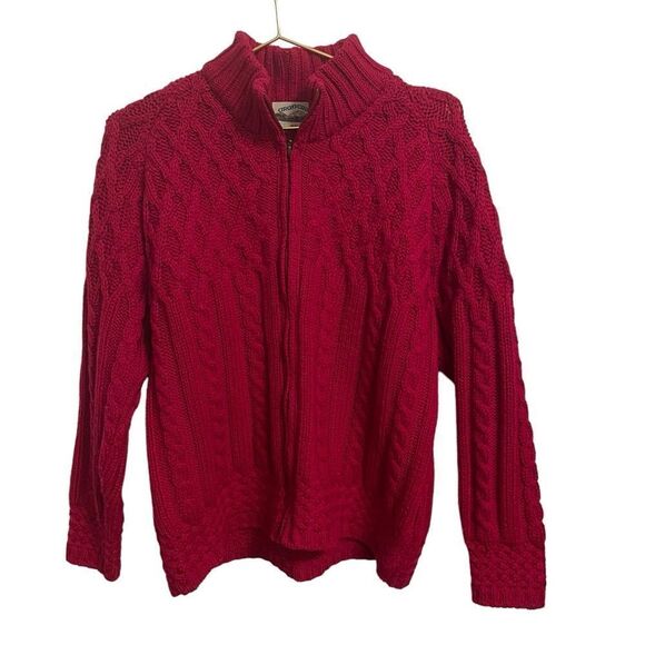 Aran Crafts Ireland Turtleneck Zip Merino Wool Cardigan Red Size L - Picture 1 of 7